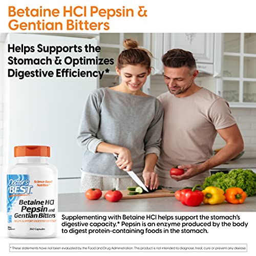 Doctor's Best - Betaine HCL, Pepsin y Gentian Bitters, 360 Cápsulas, sin gluten