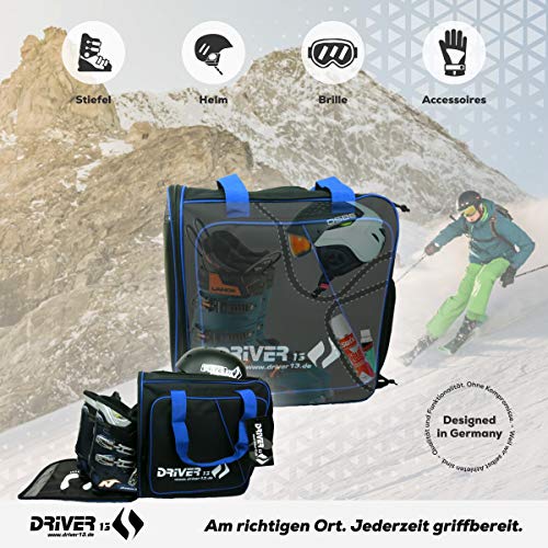 Driver13 ® Mochila para Botas de esquí con Compartimento para Casco + Mochila para Botas de esquí con Compartimento para Casco Duro + Botas de Snowboard + Bolsa para Botas Negro-Azul