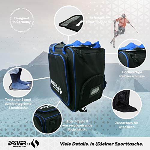 Driver13 ® Mochila para Botas de esquí con Compartimento para Casco + Mochila para Botas de esquí con Compartimento para Casco Duro + Botas de Snowboard + Bolsa para Botas Negro-Azul