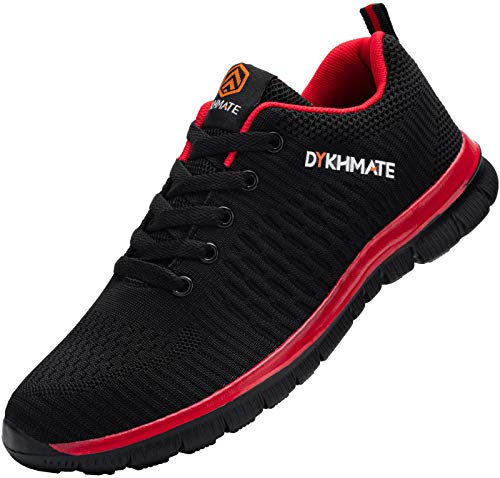 DYKHMATE Zapatillas de Deportes Hombre Ligero Transpirable Zapatos para Correr Gimnasio Casual Sneakers (Negro Rojo,47 EU)