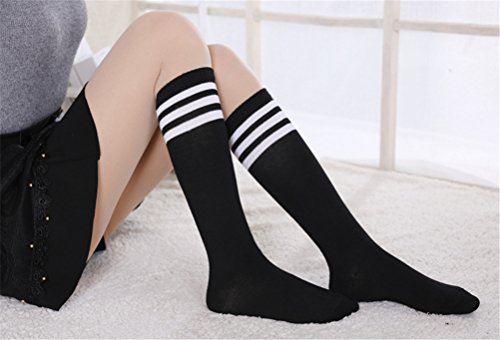 EDOTON 2 Pares Calcetines Hasta la Rodilla de las Mujeres Largas Medias Deportivas Muslo con Rayas Triples para Cosplay, Halloween, Fiesta, Desgaste Daily (A)