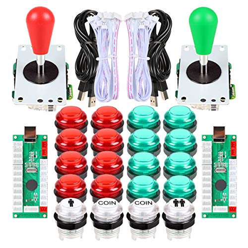 EG STARTS 2 Piezas de Arcade LED para Jugadores DIY Codificador USB 2X Elipse Óvalo Joystick de Estilo 20x Botones de Arcade LED para PC Sistema de Windows Raspberry Pi MAME (Rojo & Verde)