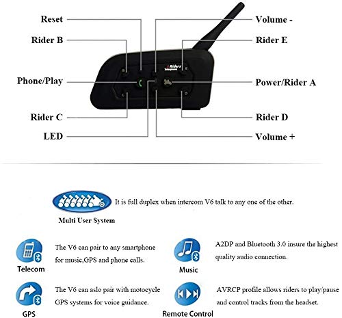 EJEAS V6 Pro BT Interphone 1200M Bluetooth Motocicleta Motocicleta Casco Intercom Auriculares con Interfono Duplex Control Avanzado de Ruido para hasta 6 Riders (1 Pieza)
