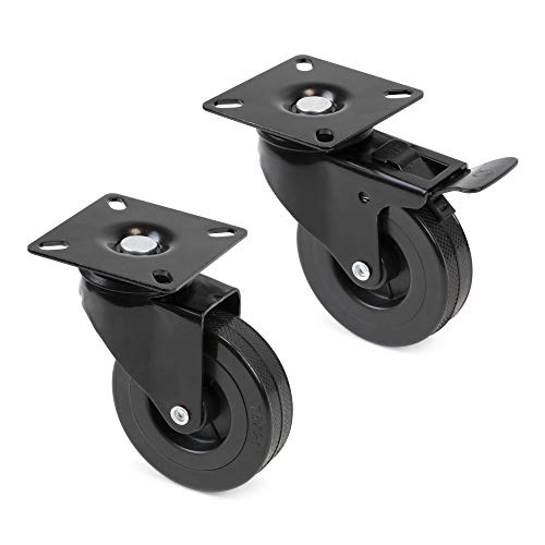 Emuca - Lote de 4 ruedas pivotantes para mueble Ø50mm con placa de montaje y rodamiento de bolas, ruedas de goma color negro.