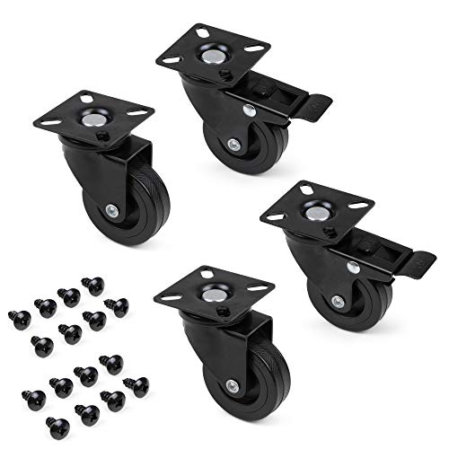 Emuca - Lote de 4 ruedas pivotantes para mueble Ø50mm con placa de montaje y rodamiento de bolas, ruedas de goma color negro.
