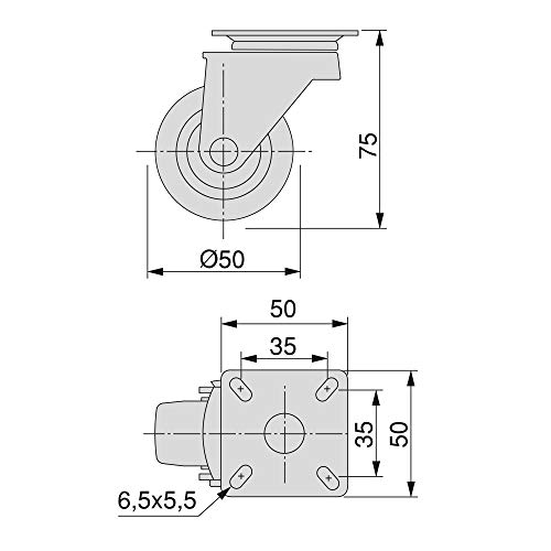 Emuca - Lote de 4 ruedas pivotantes para mueble Ø50mm con placa de montaje y rodamiento de bolas, ruedas de goma color negro.