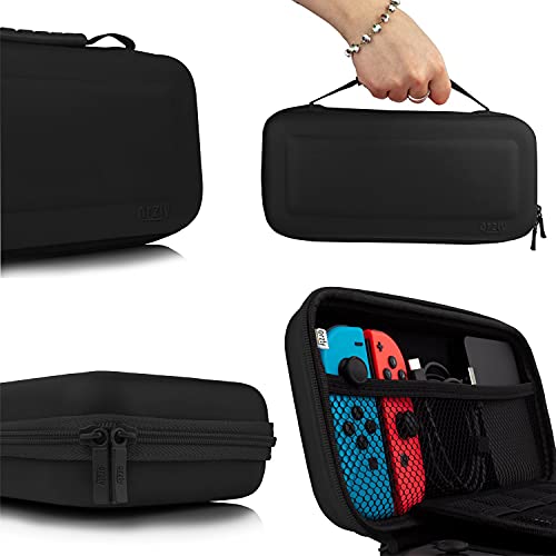 Estuche de transporte Orzly compatible con Nintendo Switch y la nueva consola OLED Switch - Estuche protector de viaje portátil duro con bolsillos para accesorios y juegos - Negro