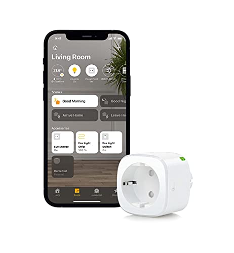 Eve Energy - Enchufe inteligente conmutable, certificado TÜV, medición de consumo, horarios, enciende y apaga los dispositivos, sin necesidad de bridge, Bluetooth/Thread, Homekit