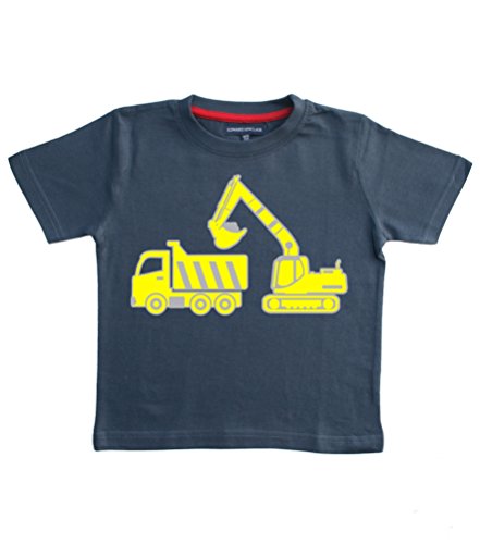 Excavadora triciclo y balón de camión con remolque de rayas de la marina-camiseta de manga corta tamaño de la funda de palo de golf para niños 5-6 años con goma plateada y amarillo diseño de impresión.