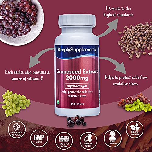 Extracto semillas de uva 2000mg - ¡Bote para 6 meses! - Apto para veganos - 360 Comprimidos - SimplySupplements