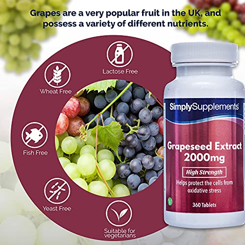 Extracto semillas de uva 2000mg - ¡Bote para 6 meses! - Apto para veganos - 360 Comprimidos - SimplySupplements
