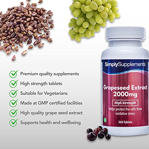 Extracto semillas de uva 2000mg - ¡Bote para 6 meses! - Apto para veganos - 360 Comprimidos - SimplySupplements