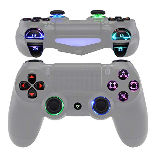 eXtremeRate Botones LED Multicolores para PS4 Mando Botón de D-Pad L1 R1 R2 L2 Trigger Joysticks Home Face Teclas DTFS(DTF 2.0) Kit para PS4 Control CUH-ZCT2 DIY 7 Áreas en 10 Colores-Símbolo Clásico