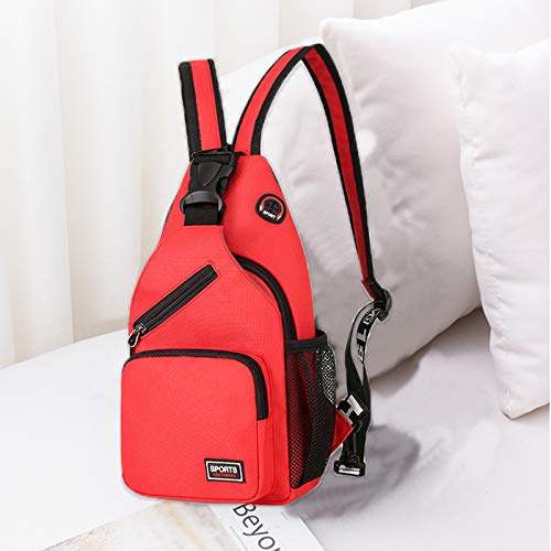 FANDARE Mujer Bolsa de Pecho Mochila Pequeña con Orificio para Auriculares Bolsos Cruzados Niña Bandoleras Cruzada Deporte Viaje Ciclismo Intemperie Sling Bag Poliéster Duradero Rojo