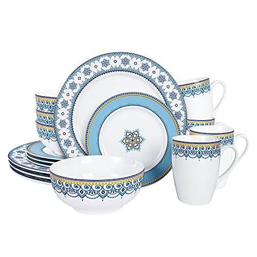 fanquare Vajilla Completa Moderna de Porcelana de 16 Piezas para 4 Personas, Cuencos y Platos Pintados en Grano de Nubes, Juego de Vajilla Azul