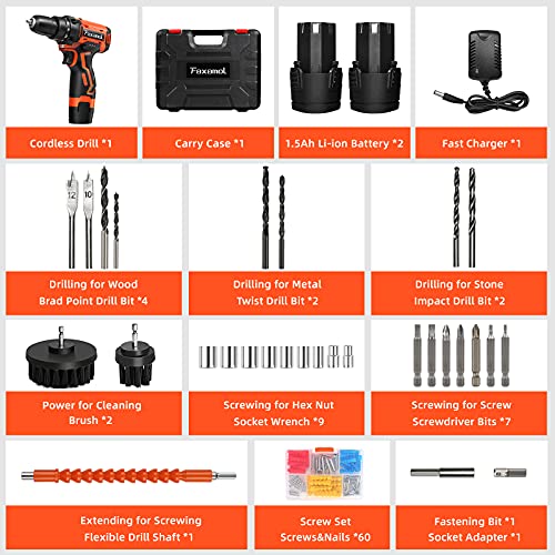 Faxamol Taladro Atornillador 12V, Destornillador Eléctrico 90PCS con 2 x 1.5Ah Baterías Litio, 30Nm Máx, 18+1 Ajuste de Par, 2 Velocidad, Indicador de Bateria, LED Luz Para Hogar, Bricolaje