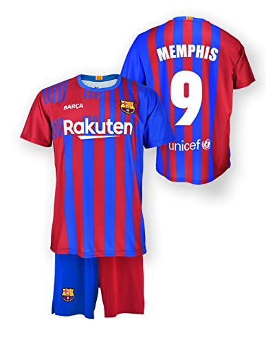 FC. Barcelona Conjunto Camiseta y pantalón Replica 1ª EQ Temporada 2021/22 - Producto con Licencia - Dorsal 9 Memphis - 100% Poliéster - Talla niño 8 años