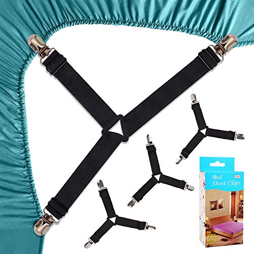 Felly 4 Piezas Sujetadores para Sábanas Ajustables Elásticos Correas Cama Clips para Sábana Bajera Fundas de Colchón Sofá (Negro)