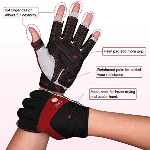 FitsT4 Sports Guantes de vela con palma acolchada de 3/4 dedos - Parte trasera de malla para mayor comodidad, perfectos para navegar, remar, hacer piragüismo, kayak [rojo - Medio]