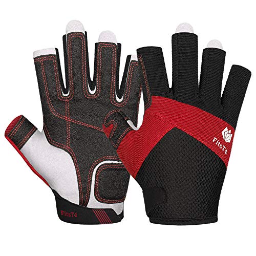 FitsT4 Sports Guantes de vela con palma acolchada de 3/4 dedos - Parte trasera de malla para mayor comodidad, perfectos para navegar, remar, hacer piragüismo, kayak [rojo - Medio]