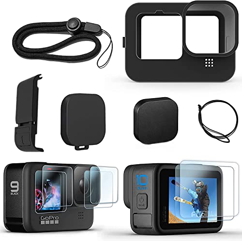 FitStill Funda de silicona para Hero 10/Hero 9 Black, tapa lateral de la batería y protectores de pantalla y tapas de lente y cordón para Go Pro Hero10 Hero9 Kit de accesorios