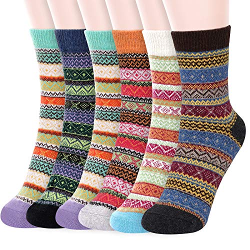 Fixget Calcetines Invierno Mujer, 6 Pares Calcetines Termicos Mujer, Lana Calcetines para Hombres y Mujeres de Punto de Estilo Vintage Grueso Cálidos Calcetines Cómodos (Multicolor B)