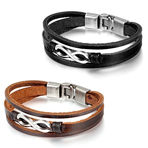 Flongo Pulseras Hombre Mujer, Retro multicapas de Cuero Trenzado, Símbolo Infinito Infinity, Pulsera de Buena Fortuna, Regalo Navidad