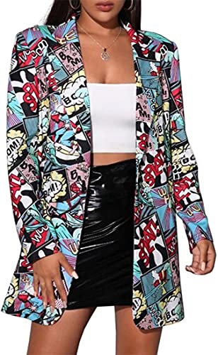 FLYCHEN Chaquetas de Traje y Blazers para Mujer OL Office Lady Chaqueta Floral Coat Casual de Moda Casual Blazers, Color Letra, M