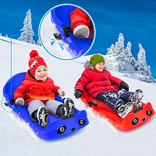Flyfun Trineos de Bobsleigh para Niños, Panda Forma de Dirección de Trineo, Trineos de Nieve para Niños con Cordón 2 Asas con Protección de Estabilidad y Freno, Juguetes con Nieve Hierba y Arena Rojo