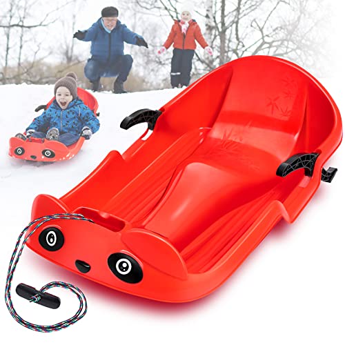 Flyfun Trineos de Bobsleigh para Niños, Panda Forma de Dirección de Trineo, Trineos de Nieve para Niños con Cordón 2 Asas con Protección de Estabilidad y Freno, Juguetes con Nieve Hierba y Arena Rojo