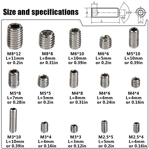 FOROREH Tornillos de fijación Cabeza hexagonal Tornillos Allen Acero inoxidable M2.5 M3 M4 M5 M6 M8 con una pequeña llave Allen Surtido Piezas de sujeción Kits Tornillo de máquina