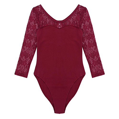 Freebily Maillot de Danza Ballet para Mujer Maillot Gimnasia Rítmica Manga Larga con Encaje Maillot Leotardo Body Clásico Mono de Baile Algodón Mujer Vino Rojo Large