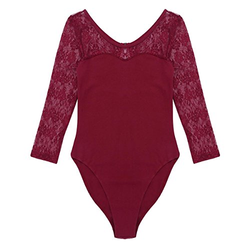 Freebily Maillot de Danza Ballet para Mujer Maillot Gimnasia Rítmica Manga Larga con Encaje Maillot Leotardo Body Clásico Mono de Baile Algodón Mujer Vino Rojo Large