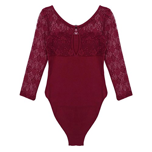 Freebily Maillot de Danza Ballet para Mujer Maillot Gimnasia Rítmica Manga Larga con Encaje Maillot Leotardo Body Clásico Mono de Baile Algodón Mujer Vino Rojo Large