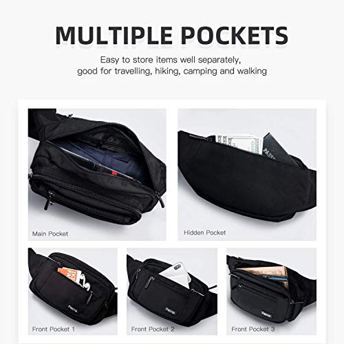 Freetoo Riñonera de Marcha Riñonera Casual Bumbag Multifuncional con 5 Bolsillos con Cremallera Para Móvil Para Viaje Senderismo y Actividades Al Aire Libre Para Mujeres y Hombres Ajustable (Negro)