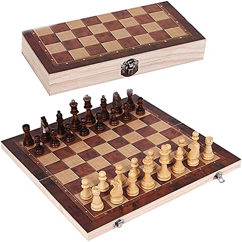 FTFTO 3 in-1 Chess Set Wooden Foldable Chess Board and Draughts Set Chess Checkers Game Interior Storage Practical Both Sides Puzzle Board (24 * 24cm)