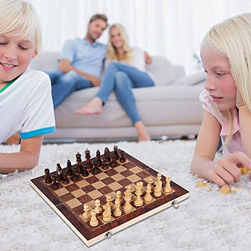 FTFTO 3 in-1 Chess Set Wooden Foldable Chess Board and Draughts Set Chess Checkers Game Interior Storage Practical Both Sides Puzzle Board (24 * 24cm)