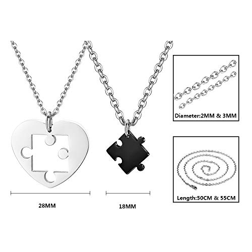 Fu You 2 Piezas Acero Inoxidable Collares Parejas Novios, Colgante Collares Corazon Partido Puzle, Colgantes Parejas Novios Amor, Colgantes Collare para Mujer Hombre Amante Mejores Amigos Plata Negro