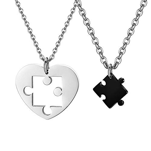 Fu You 2 Piezas Acero Inoxidable Collares Parejas Novios, Colgante Collares Corazon Partido Puzle, Colgantes Parejas Novios Amor, Colgantes Collare para Mujer Hombre Amante Mejores Amigos Plata Negro