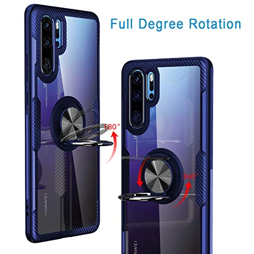 Funda Huawei P30 Pro,Estuche protector armadura diseño fibra carbono cristal soporte giratorio 360 ​​grados agarrar anillos dedo [Característica montaje magnético] para Huawei P30 Pro,Marco Azul