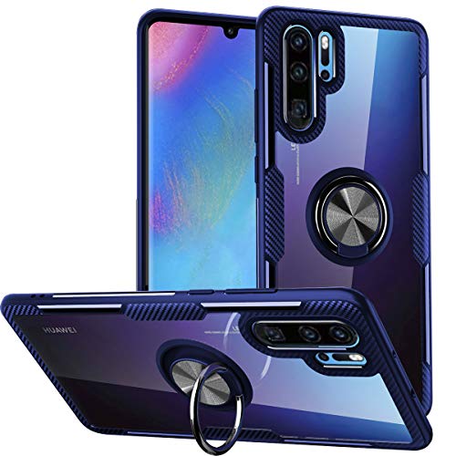 Funda Huawei P30 Pro,Estuche protector armadura diseño fibra carbono cristal soporte giratorio 360 ​​grados agarrar anillos dedo [Característica montaje magnético] para Huawei P30 Pro,Marco Azul