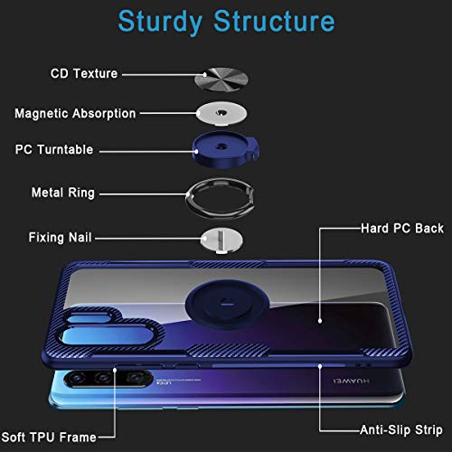 Funda Huawei P30 Pro,Estuche protector armadura diseño fibra carbono cristal soporte giratorio 360 ​​grados agarrar anillos dedo [Característica montaje magnético] para Huawei P30 Pro,Marco Azul