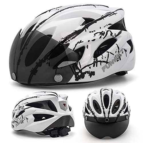 FUNWICT Casco Bicicleta con Gafas Magnéticas Casco Bici de Montaña Ligera LED Casco Bicicleta de Carretera para Mujer Hombre Casco MTB Ligero 57-61 cm (WHInkBlack)