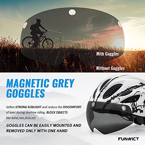 FUNWICT Casco Bicicleta con Gafas Magnéticas Casco Bici de Montaña Ligera LED Casco Bicicleta de Carretera para Mujer Hombre Casco MTB Ligero 57-61 cm (WHInkBlack)