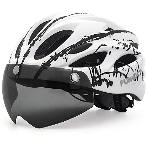 FUNWICT Casco Bicicleta con Gafas Magnéticas Casco Bici de Montaña Ligera LED Casco Bicicleta de Carretera para Mujer Hombre Casco MTB Ligero 57-61 cm (WHInkBlack)