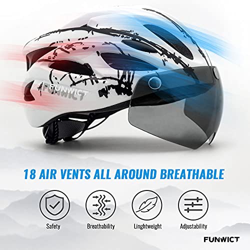 FUNWICT Casco Bicicleta con Gafas Magnéticas Casco Bici de Montaña Ligera LED Casco Bicicleta de Carretera para Mujer Hombre Casco MTB Ligero 57-61 cm (WHInkBlack)