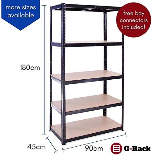 G-Rack Scaffali in Metallo da Garage: 180 x 90 x 45cm | Scaffali per Carichi Pesanti - 1 Scaffale, Nero 5 Ripiani (175KG/Ripiano), 875KG Totale | per Officina, Magazzino, Ufficio | Garanzia 5 Anni