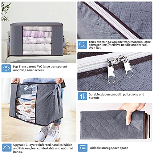 GARPROVM 4pcs Bolsa de Almacenamiento de Ropa de Grande Capacidad, Caja Almacenaje Ropa con Asa Reforzada y Cremallera Robusta para Edredones, Mantas, Bolsas de Transpirable 60x43x35cm (Gris)