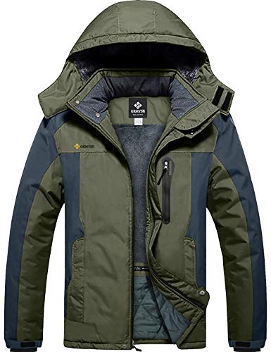 GEMYSE Chaqueta de Esquí Impermeable de Montaña para Hombre Abrigo de Invierno de Lana Antiviento con Capucha (Ejército Verde Gris,XXL)