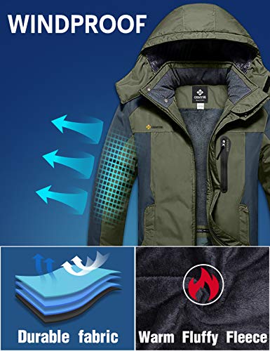 GEMYSE Chaqueta de Esquí Impermeable de Montaña para Hombre Abrigo de Invierno de Lana Antiviento con Capucha (Ejército Verde Gris,XXL)